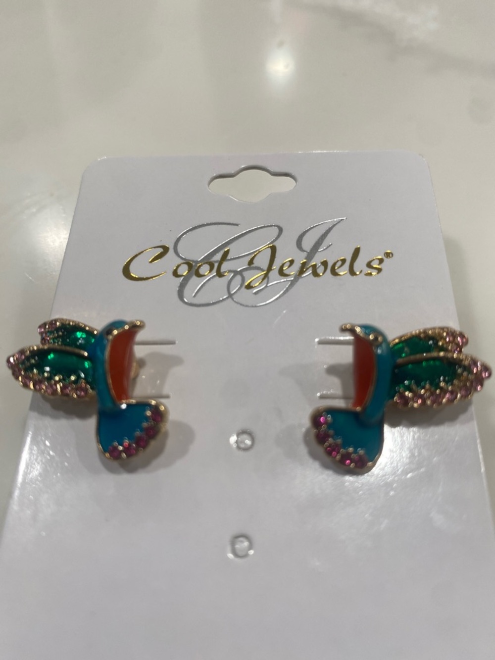 Teal and Pink Hummingbird post Earrings w crystals. NWT
